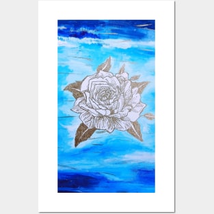 Light and Navy Blue Gold Flower Posters and Art